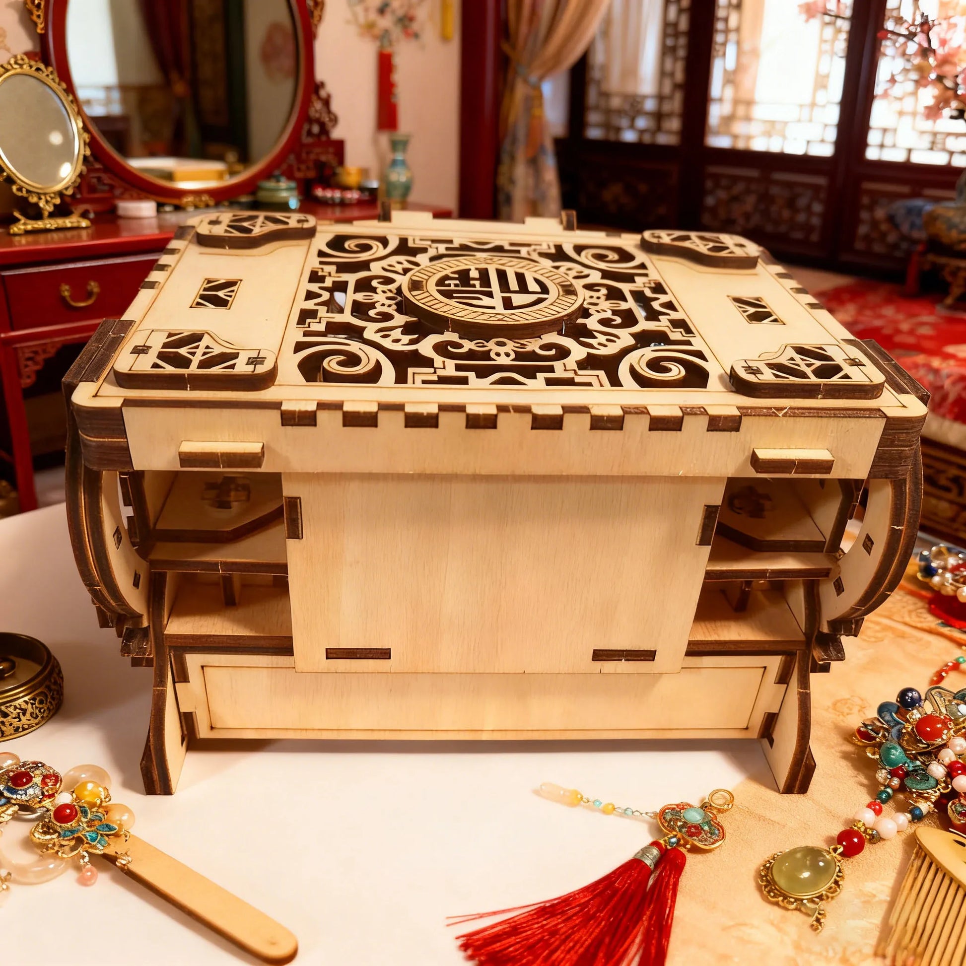 3D Puzzle Wooden Chinese-Style Jewellery Box Model Kit Creative DIY Three-Dimensional Puzzle Perfect as a Festive Gift