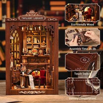 DIY Book Nook Kit - TWILIGHT LIBRARY Wooden Bookend Room, 3D Puzzle Assembly, Handmade Model for Adults Birthday Gifts