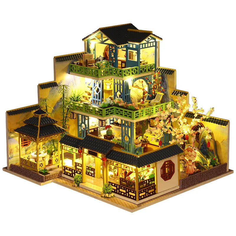 Big Diy Wooden Dollhouse with Furniture Light Casa Miniature Doll House Kit Home Chinese Style Villa Model Toys Birthday Gifts