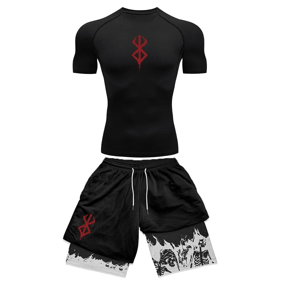 Anime 3D Printed Men'S Compression Set Short Sleeve Gym Top+Workout Shorts Quick Drying Breathble Athletics Rash Guard Set