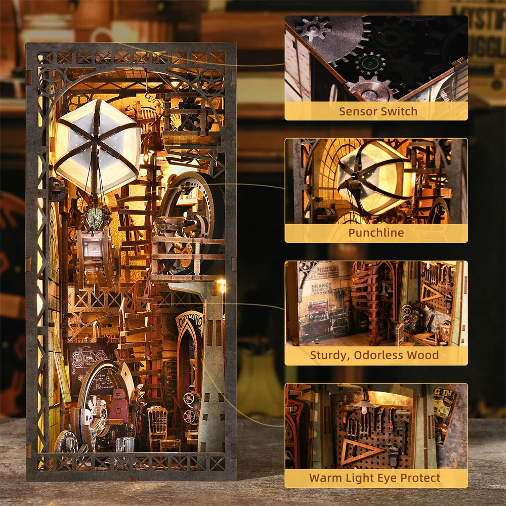 Book Nook Kit Airship Model 3D Wooden Puzzle DIY Home Decoration for Bookshelf Miniature Insert Magic Book House Stand Bookshelf