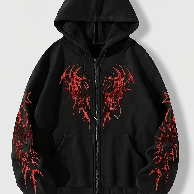 Autumn and Winter New Men'S Fashionable and Trendy Casual Hoodie Zipper Jacket Y2K Printed Pattern Casual Retro Street Style Top