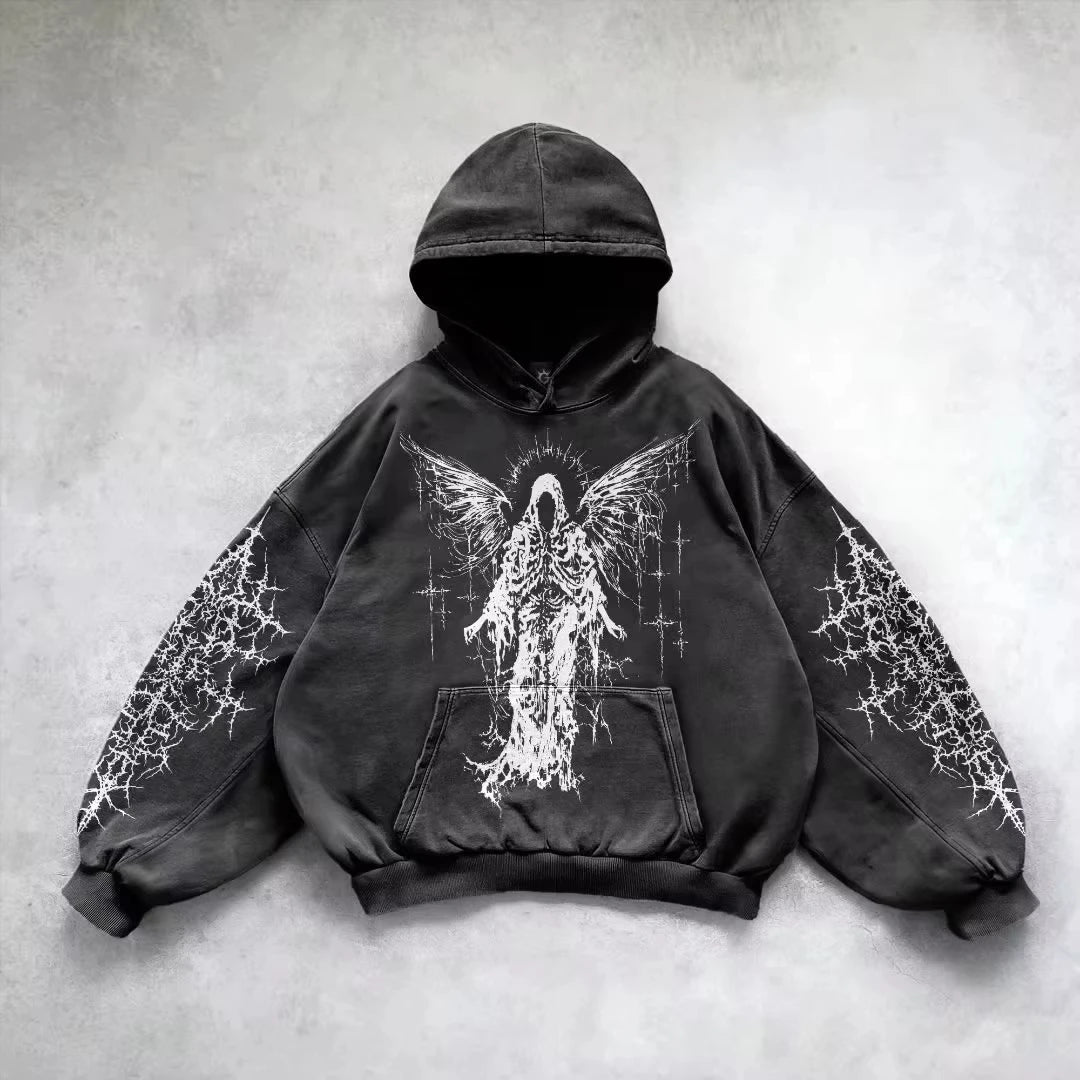 Retro Gothic Graphic Print Hip Hop Hoodie for Men Y2K Grunge Punk Casual Loose Pullover Women Streetwear Sweatshirt Hoodies