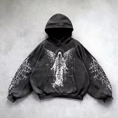 Retro Gothic Graphic Print Hip Hop Hoodie for Men Y2K Grunge Punk Casual Loose Pullover Women Streetwear Sweatshirt Hoodies