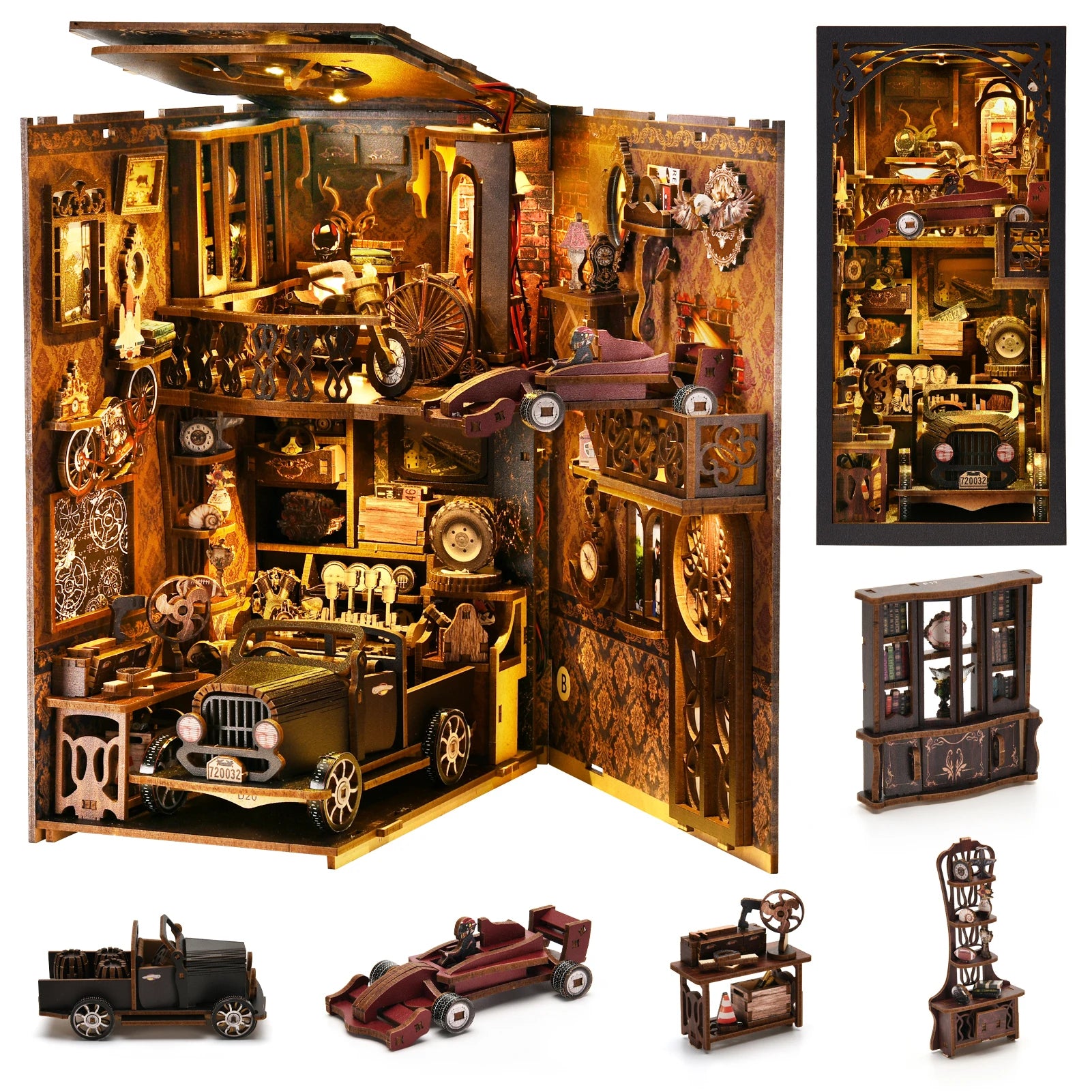 Model Car Vintage Classic Car Wooden Creative DIY 3D Puzzle Book Nook Kit Science Experiment Education Children'S Toys Bookshelf