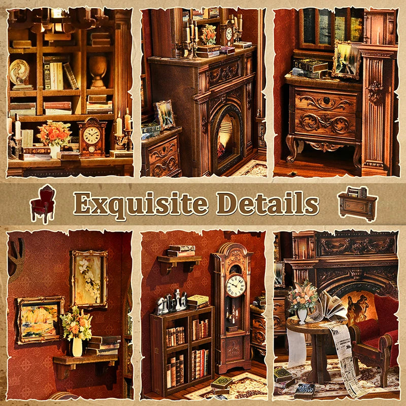 DIY Book Nook Kit - TWILIGHT LIBRARY Wooden Bookend Room, 3D Puzzle Assembly, Handmade Model for Adults Birthday Gifts