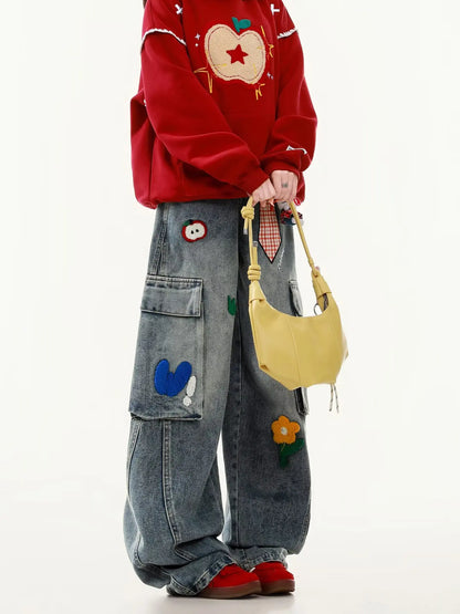 Embroidered Harajuku Women'S Jeans American Casual Style Retro Straight Leg High Street Wide Leg Pants Y2K Loose Jeans for Womem