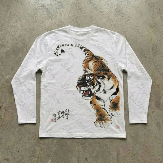 Y2K Women'S Funny, Horror, and Fun Tiger Pattern Printed Long Sleeve Funny Daily Versatile T-Shirt