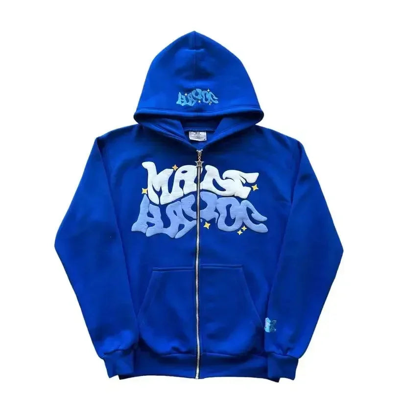 Hooded Zipper Hoodie with Retro American-Style Letters, Unisex, Suitable for Pairing with a Millennial-Style Jacket