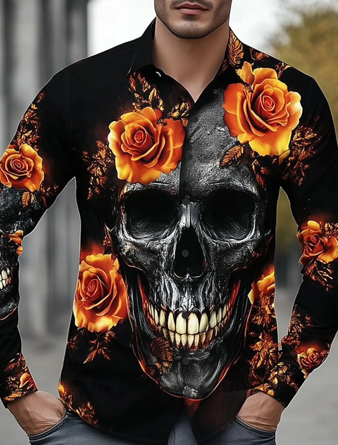 Men'S Skeleton Rose Skulls Shirt Button up Shirt Long Sleeve Dark Gothic Style Streetwear Turndown 3D Print Collared Shirts