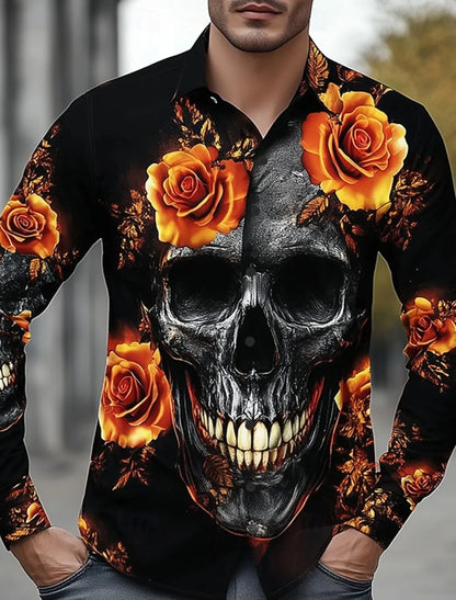 Men'S Skeleton Rose Skulls Shirt Button up Shirt Long Sleeve Dark Gothic Style Streetwear Turndown 3D Print Collared Shirts