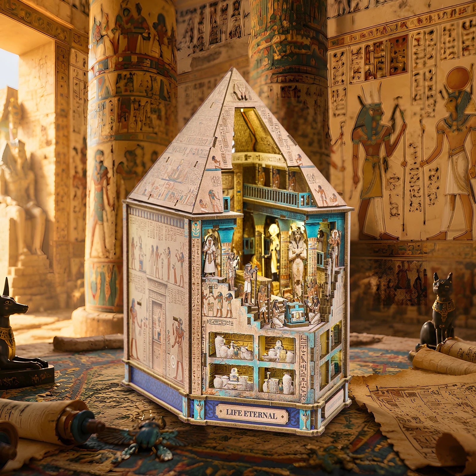 Book Nook Kit 3D Wooden Puzzle Egyptian Pharaoh Mummydiy Miniature Dollhouse Pyramid Model Building Home Decoration Gifts
