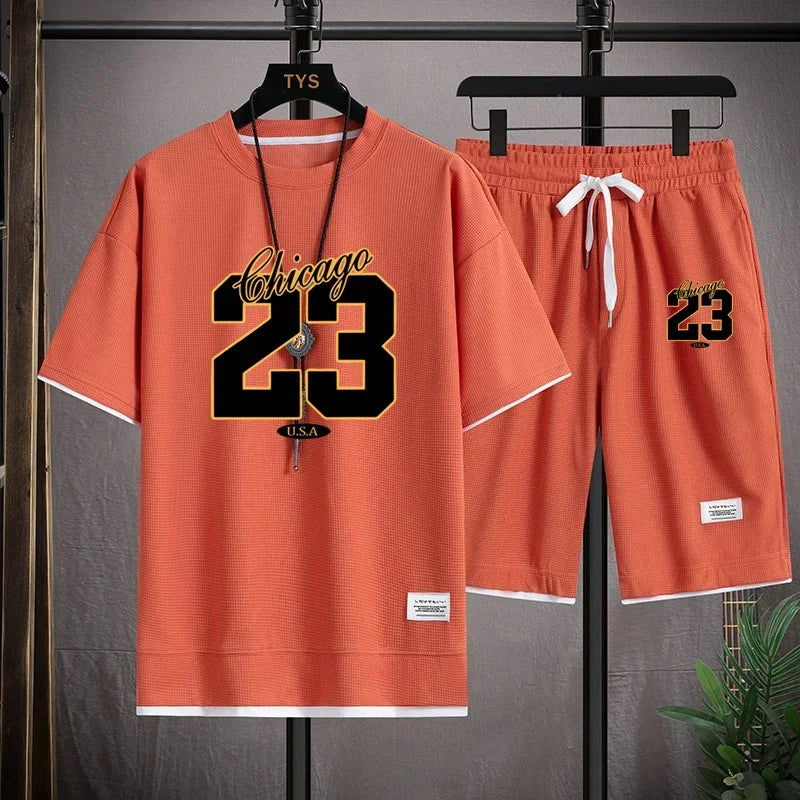 High Quality Men'S Korea Comfortable and Summer Fashion Print Sports Suit Fitness Jogging Daily Casual Wear Beach Shorts Set