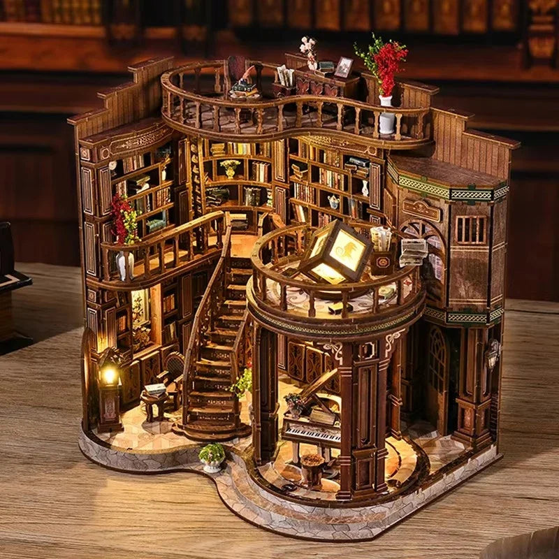 Retro DIY Wooden Dreamy Book Hall House Figurines Miniatures Kits with LED Lights Home Desk Decoration for Adult Handmade Gifts