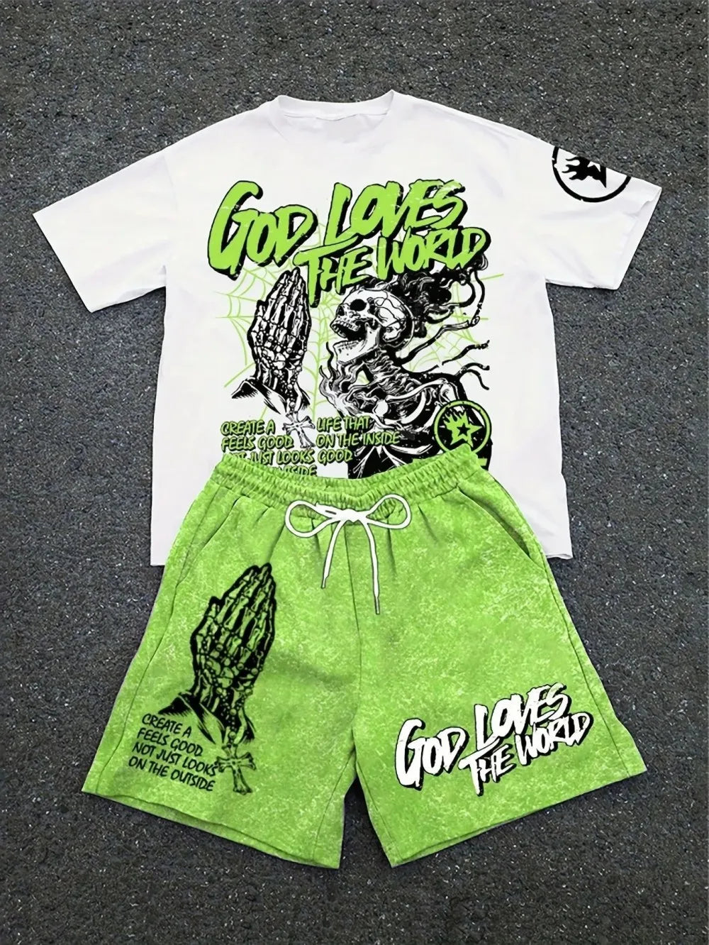 Men'S Summer New Skull Letter Print Comfortable and Breathable round Neck T-Shirt Drawstring Shorts Set Outdoor Streetwear