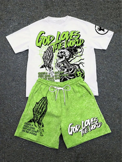 Men'S Summer New Skull Letter Print Comfortable and Breathable round Neck T-Shirt Drawstring Shorts Set Outdoor Streetwear