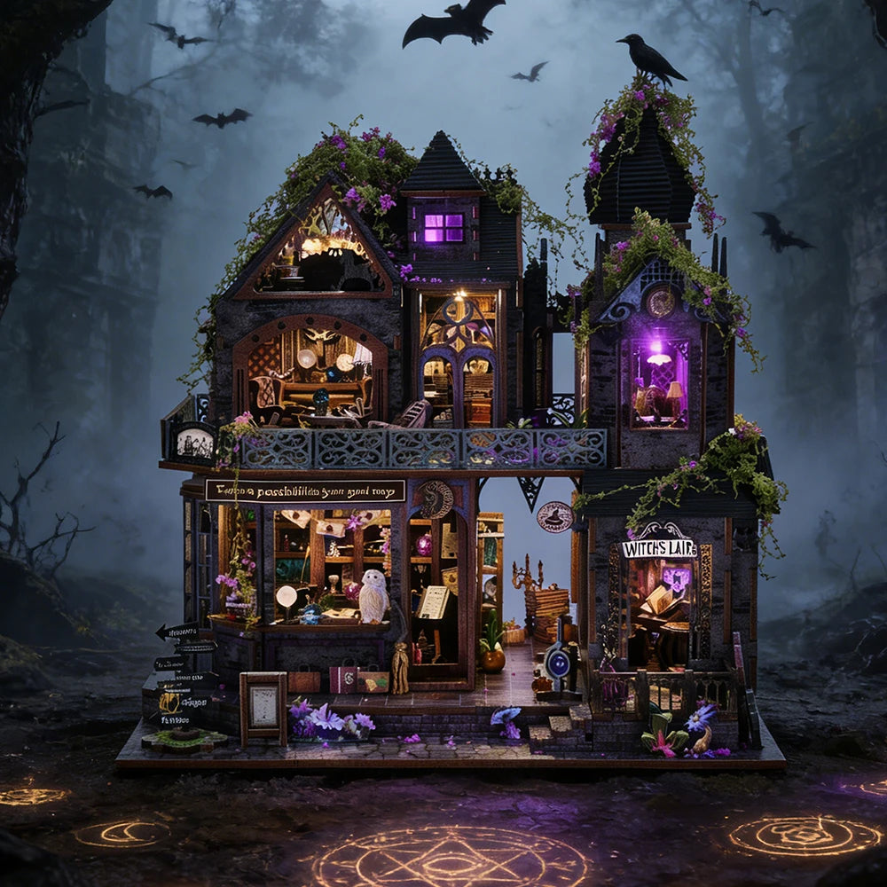 Book Nook Kit Castle of Magic Wooden DIY Dollhouse with Light Dynamic Music Bookshelf Insert 3D Puzzle Decor for Gift