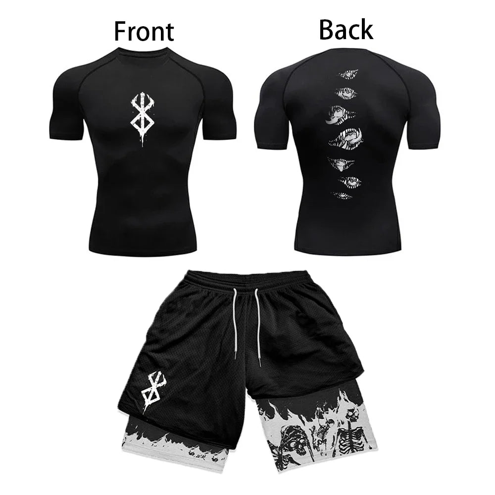 Anime 3D Printed Men'S Compression Set Short Sleeve Gym Top+Workout Shorts Quick Drying Breathble Athletics Rash Guard Set