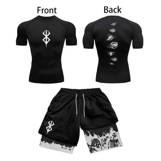 Anime 3D Printed Men'S Compression Set Short Sleeve Gym Top+Workout Shorts Quick Drying Breathble Athletics Rash Guard Set