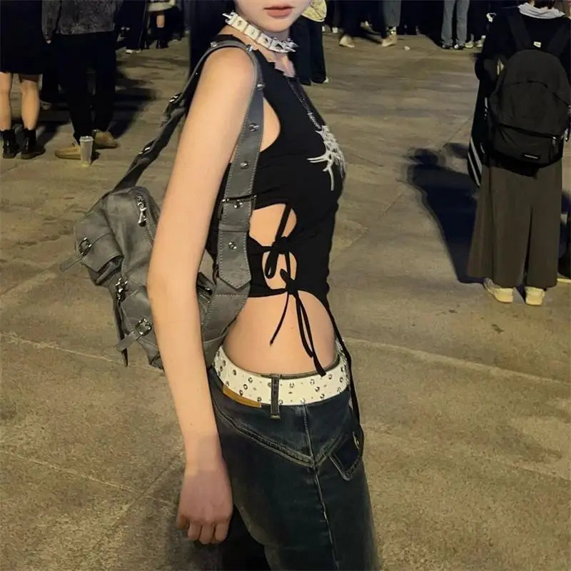 Summer Spider Web Print Tank Tops Aesthetic Hollow Out Bandage Punk Vest Irregular Women Causal Basic Y2K Streetwear Crop Top