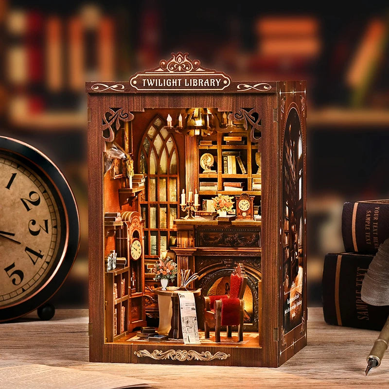 DIY Book Nook Kit - TWILIGHT LIBRARY Wooden Bookend Room, 3D Puzzle Assembly, Handmade Model for Adults Birthday Gifts