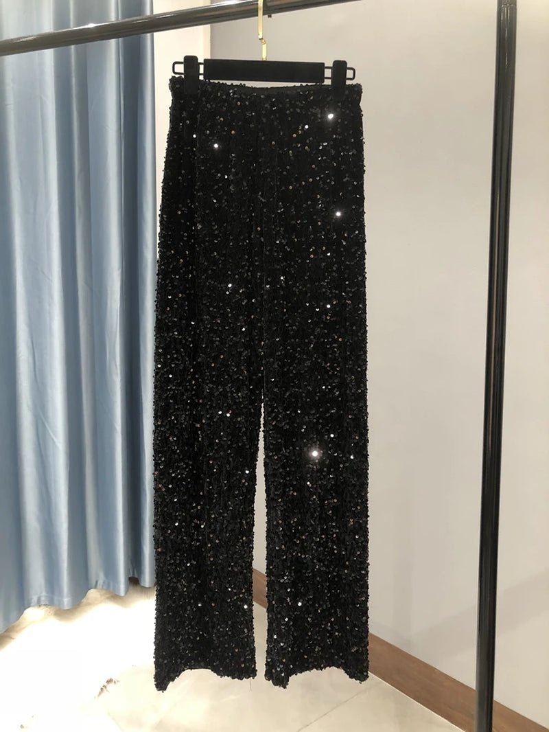 The New Women'S Fashion Trendy Sparkling Gold Pants Relaxation of Tall Waist Wide-Legged Pants Women'S South Korean Style