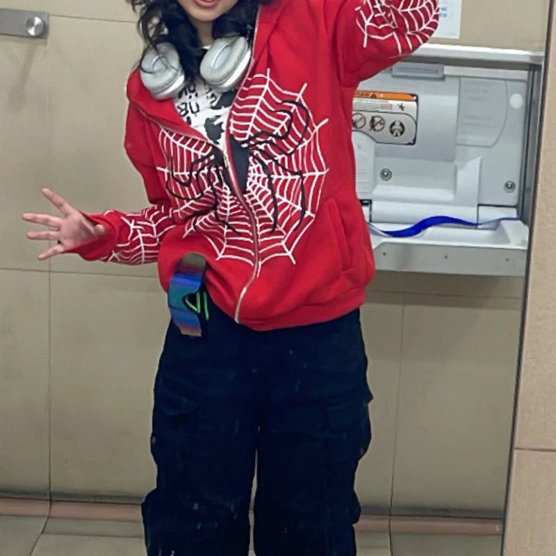 Y2K Rhinestone Skeleton Hoodies Women Gothic Black Zip up Oversized Sweatshirts Female Retro Harajuku Hooded Jackets Streetwear