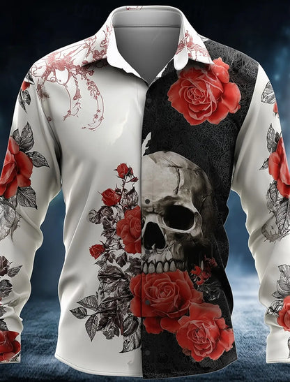 Men'S Skeleton Rose Skulls Shirt Button up Shirt Long Sleeve Dark Gothic Style Streetwear Turndown 3D Print Collared Shirts