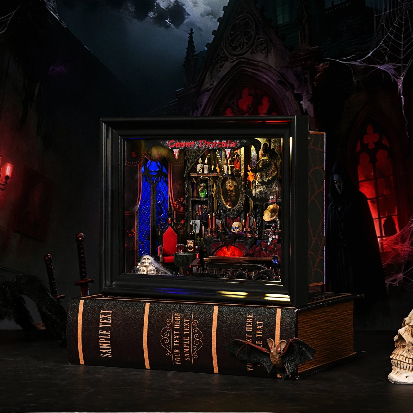 DIY Book Nook Kit Vampire Dracula Wooden Bookshop Dollhouse with Light Bookshelf Insert 3D Puzzle Decor for Gift