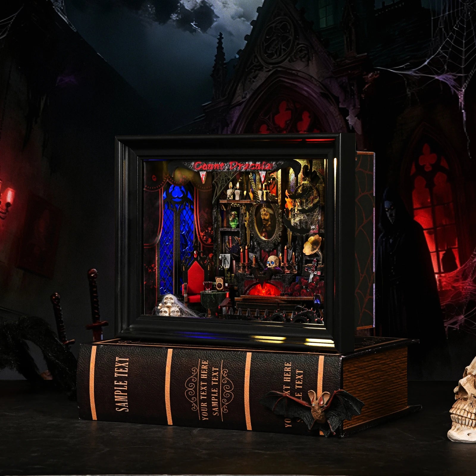 DIY Book Nook Kit Vampire Dracula Wooden Bookshop Dollhouse with Light Bookshelf Insert 3D Puzzle Decor for Gift