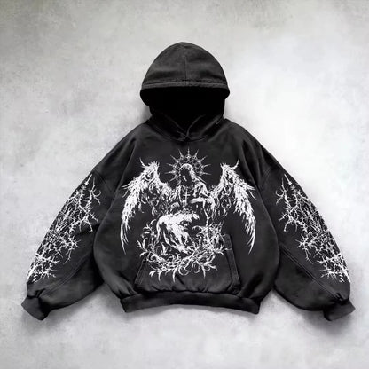 Retro Gothic Graphic Print Hip Hop Hoodie for Men Y2K Grunge Punk Casual Loose Pullover Women Streetwear Sweatshirt Hoodies