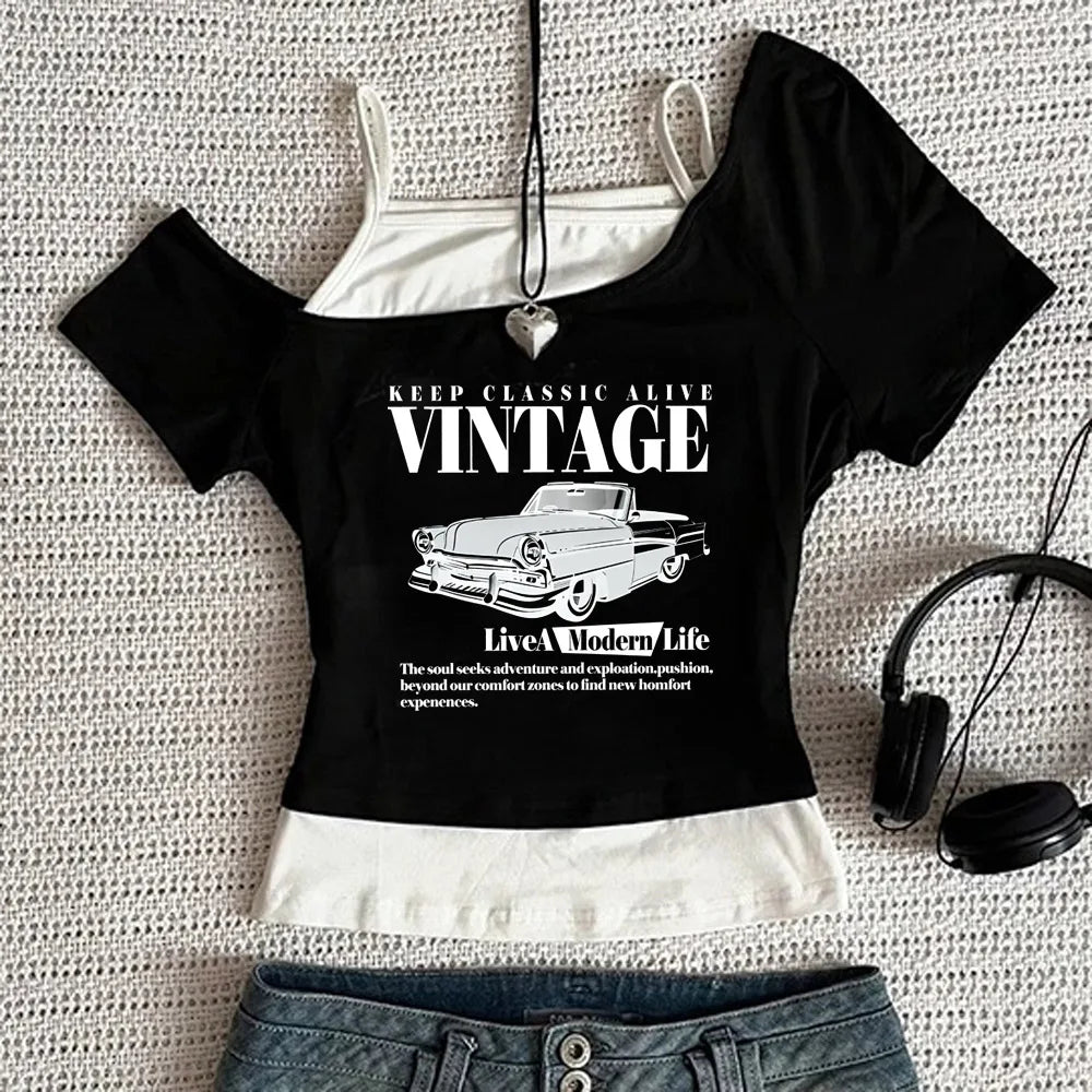 Vintage Car Retro Keep Classic Alive Cropped Girls Crop Top T Shirt Women'S Print Shirt T-Shirt Sexy Punk Y2K Shirt