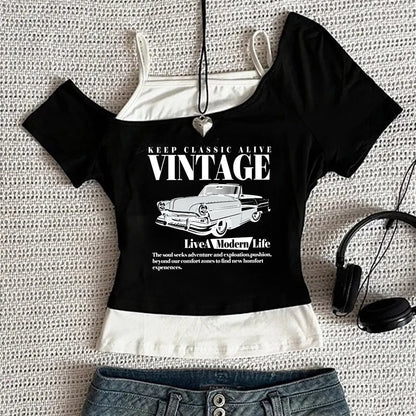 Vintage Car Retro Keep Classic Alive Cropped Girls Crop Top T Shirt Women'S Print Shirt T-Shirt Sexy Punk Y2K Shirt