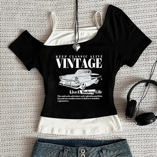 Vintage Car Retro Keep Classic Alive Cropped Girls Crop Top T Shirt Women'S Print Shirt T-Shirt Sexy Punk Y2K Shirt