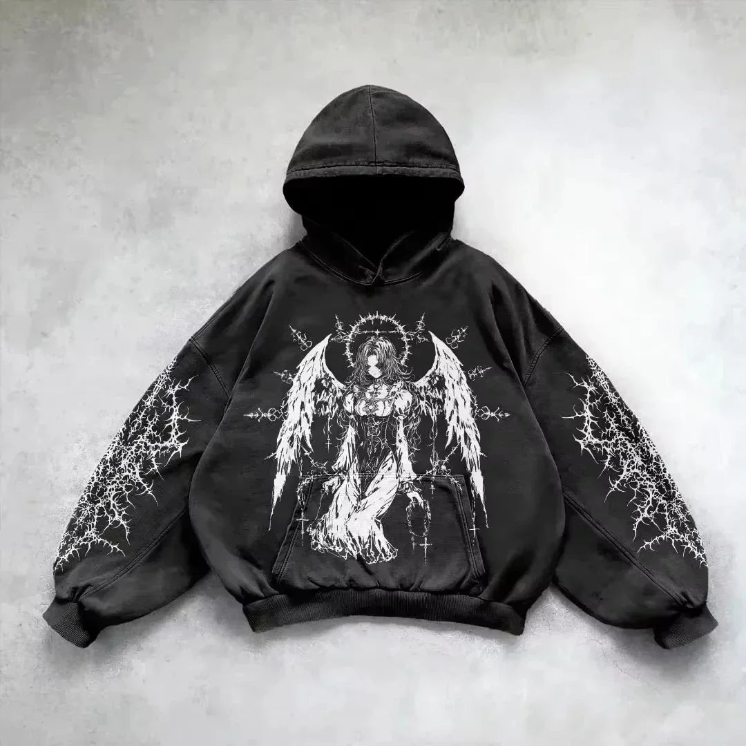 Retro Gothic Graphic Print Hip Hop Hoodie for Men Y2K Grunge Punk Casual Loose Pullover Women Streetwear Sweatshirt Hoodies