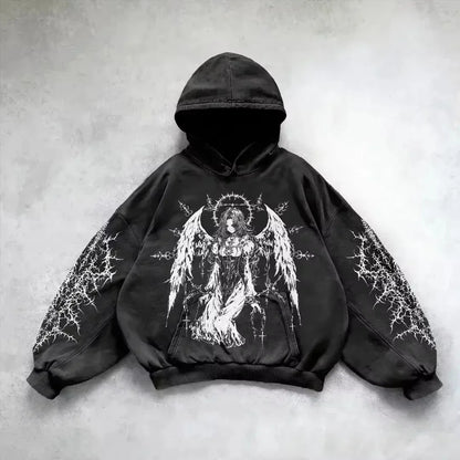 Retro Gothic Graphic Print Hip Hop Hoodie for Men Y2K Grunge Punk Casual Loose Pullover Women Streetwear Sweatshirt Hoodies