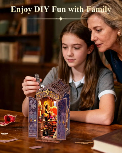 Book Nook Kits Magic Fantasy Corner DIY Booknook with Lights Miniature House Kit 3D Wooden Puzzle Bookshelf Gift